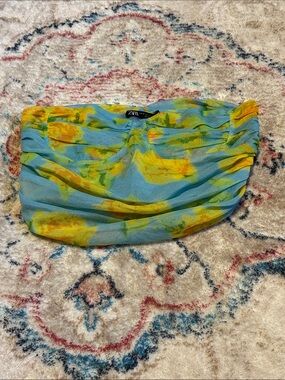 Zara Aqua Sheer Strapless Top with Yellow Floral Splash